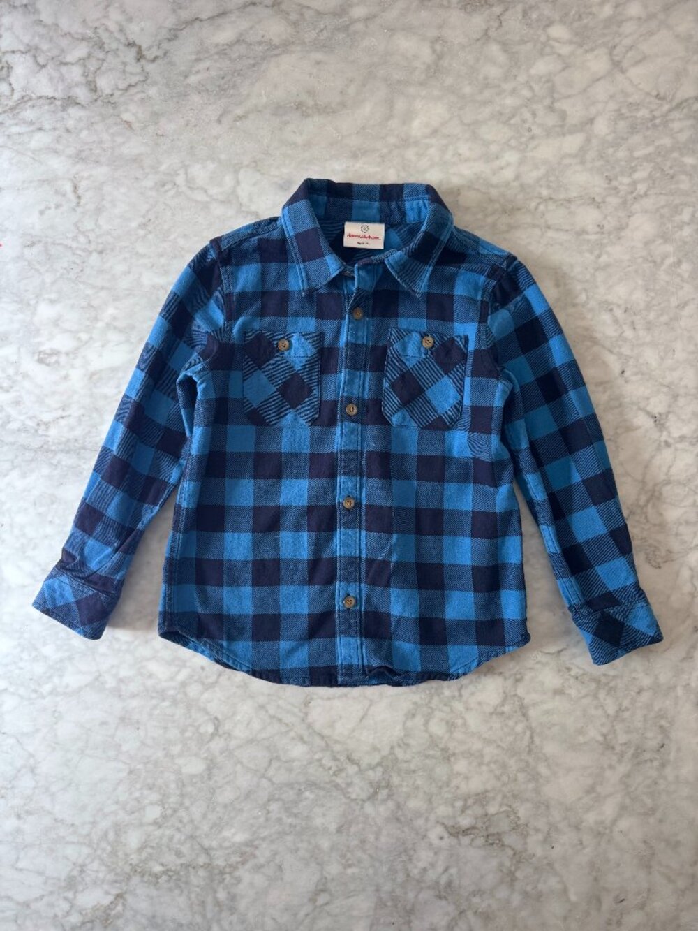 Hanna Andersson Boys Buffalo Plaid Flannel Shirt Size 4T Blue and Black